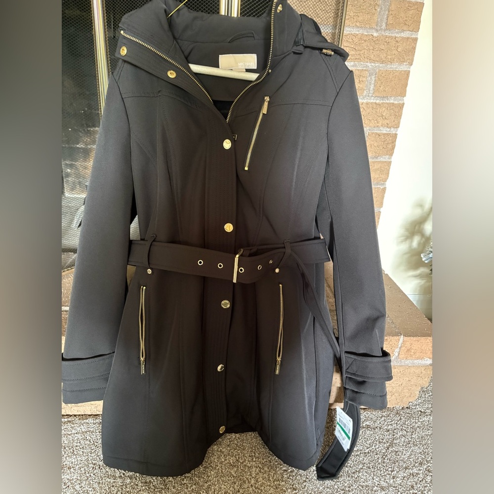 Michael Kors Brand New Black Women’s Belted Trench Coat w Gold Hardware Size L